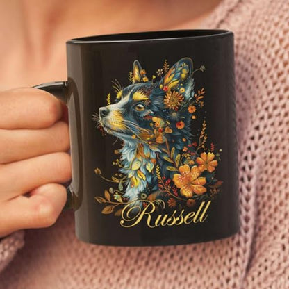 Personalized Dog Floral Coffee Mug, Custom Name Animal Themed Cup, Flower Mug For Daughter, Customized Pet Lovers Ceramic Cup, Dog And Floral Design Black Mug 11oz 15oz, Dog Cup - color: THU-924-1958-Dog