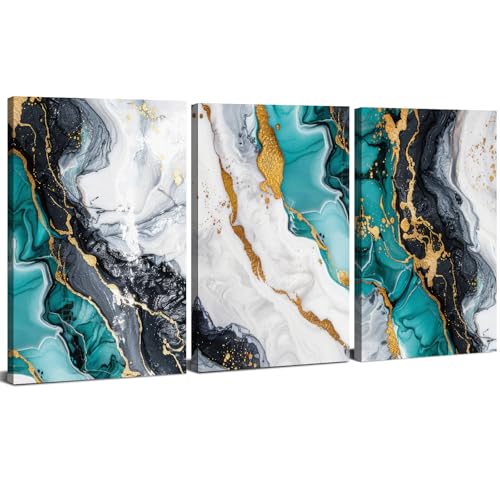 Teal Wall Art Living Room Decor Black and White Marble Wall Decor Modern Gold Abstract Canvas Prints Marble Fluid Textured Painting Aesthetic Artwork for Bedroom Office Home Decoration 12x16" 3Pcs - color: Teal Marble, size: 16"L x 12"W