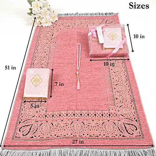 IEF Personalized Prayer Rug Quran Prayer Beads Islamic Gift Set, Ramadan Eid Wedding Birthday Mother's Day Father's Day Anniversary Day Gifts - color: Pink