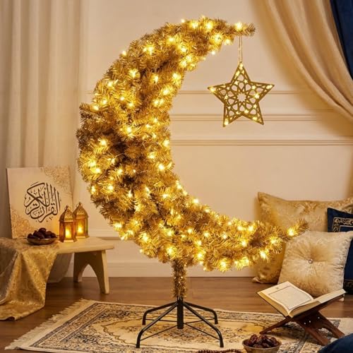 Tuanse 4.5 ft Lighted Eid Ramadan Moon Crescent Artificial Tree with Star String LED Outdoor Decoration Muslim Islamic Crescent Artificial for Eid Ramadan Party Decoration Garden Home Decor - size: 4.5ft