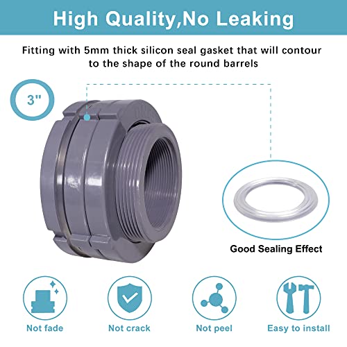 Ququyi 3 Inch PVC Bulkhead Water Tank Connector Adapter Fitting with Plugs Thru-Bulk Pipe Fitting for Rain Barrels, Aquariums, Ponds(Set of 1) - size: 3"-1pcs