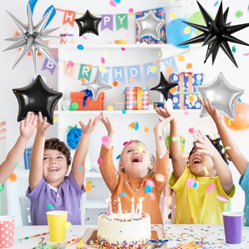 Black Silver Star Balloons,16Pcs 22/18/10 Inch Foil Graduation Decorations - color: Black Silver