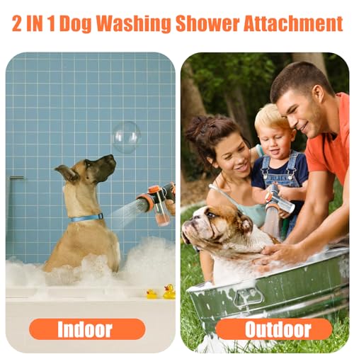 Dog Shower Attachment with Soap Dispenser, Upgraded Dog Washing Hose Attachment for Pet Bathing, High Pressure Foam Sprayer with 10 Spray Modes and Grooming Brush