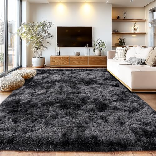 6x9Ft Fluffy Carpet for Living Room, Fuzzy Carpet for Teen, Shaggy Rug - color: Tie Dyed-black Gray, size: 6' x 9' (Rectangular)