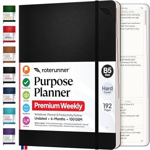 Roterunner Purpose Planner Notebook B5 7.5”x9.8” Undated 2026 Daily Weekly and Monthly Productivity Goal Setting Tool for Work Home ADHD for Adults Self Care Journal - color: Black Hardcover