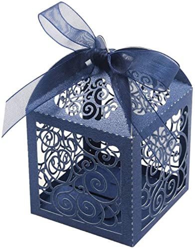 KPOSIYA 70 Pack Wedding Favor Boxes Laser Cut Boxes Party Favor Box Small Gift Boxes Lace Candy Boxes for Wedding Bridal Shower Baby Shower Birthday Party Anniverary with Ribbons (Navy, 70) - color: Navy 70