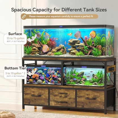 Heybly 55-75 Gallon Fish Tank Stand, Aquarium Stand with Drawer, Power Outlet, Heavy Duty Metal Frame, for Fish Tank, Turtle & Reptile Terrarium, 36.2" L × 18.1" Top, 660lbs(Top)+400lbs(Mid), Rustic Brown HAS005SR - color: Rustic Brown, size: 55-75 gal