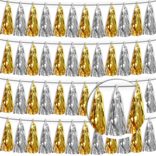 4P Gold Silver Tassel Banner Garland Metallic Foil Fringe Banner Tinsel Tassels Streamer Banner Backdrop for Parade Floats, Graduation Decorations, Father' Day, Halloween, Christmas Decorations - color: Gold Silver