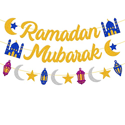 Ramadan Mubarak Banner Ramadan Star Moon Lantern Castle Theme Supplies for Muslim Islamic Ramadan Kareem Festival Celebration Party Decorations （Gold） - color: Gold