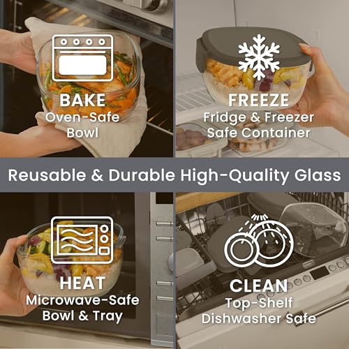 Bentgo Glass Salad Container - 7.6-Cup Salad Bowl with Airtight Lid, Leak-Proof Sauce Container, 4-Compartment Bento Tray & Reusable Fork - BPA-Free for Meal Prep, Office & More (Dark Gray) - color: Dark Gray