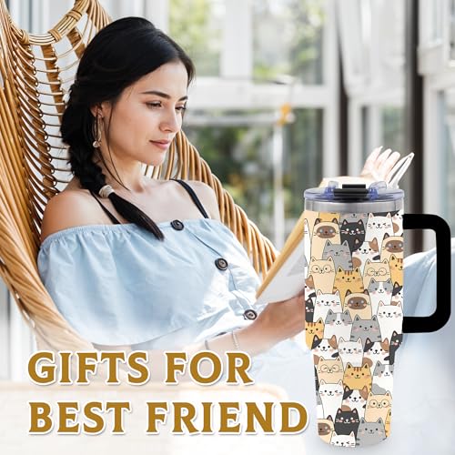 40oz Cats Tumbler Gifts for Women, Cute Cat Water Bottle with Handle & Straw - color: ColorCats-Black