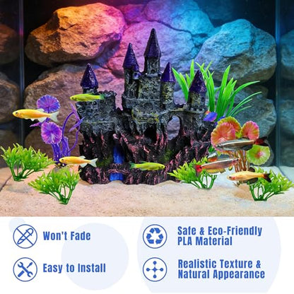 Aquarium Resin Castle Decor with 7 Pcs Artificial Plastic Plants, Fish Tank Decorations Accessories Set Landscaping Ornaments for Betta Guppies Shrimp Hideout Cave
