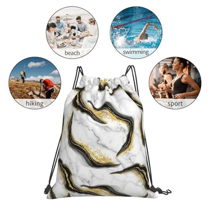 Water Resistant Gym Sack, Gold Black And White Marble, Drawstring Backpack with Zipper Pocket for Workout and Training - color: Pattern (376)