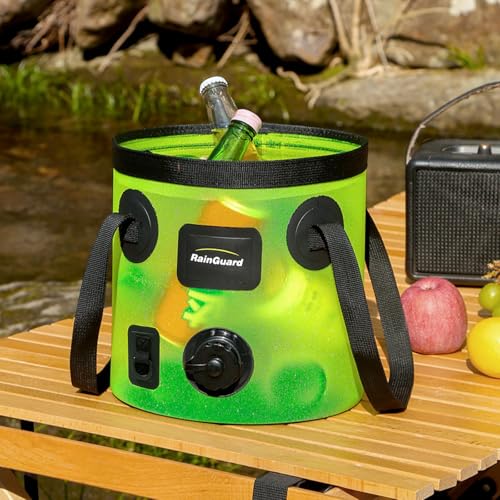 Collapsible Bucket with Handle, 5.3 Gallon Water Container, Green | Folding Water Bucket, Fast-flow, Portable, with 2 Clear Wash Basin, for Camping Fishing Travelling Outdoor Gardening