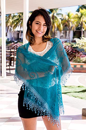 Cindy & Wendy Lightweight Soft Leaf Lace Fringe Scarf Bridal Shawl for Women - color: Blue