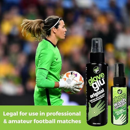 gloveglu Goalkeeper Glove Spray Bundle | 120ml Goalkeeper Glove MEGAgrip Spray + 50ml Goalkeeper Glove Wash & Prepare Spray | Ideal for Goalies, Soccer Training & Match Day Performance - style: Revive + Wash