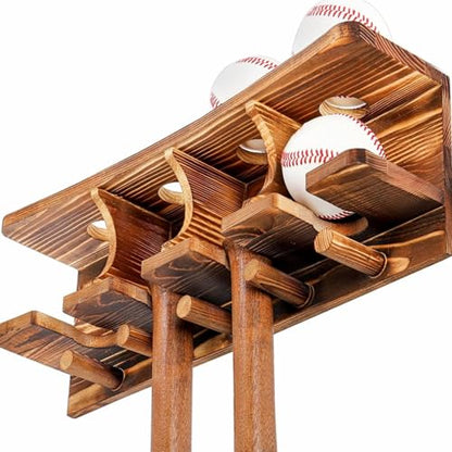 Tebery Wood Baseball Bat Holder and Ball Display Shelf Wall Mounted, Sports Memorabilia and Collectibles Floating Shelf Hanging Organizer Bat Rack