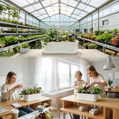5-Pack White Herb Planter Box with Drip Trays, 8.5 Inch Small Oval Window Planters for Kitchen Sill, Indoor Outdoor, Perfect for Basil, Mint, Succulents, Flowers - size: 5 Pack