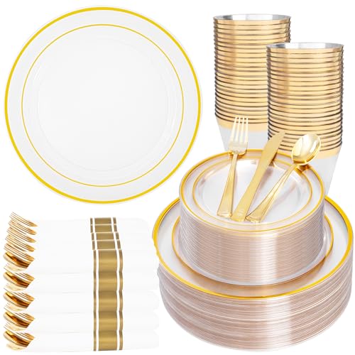 175PCS Clear Gold Plastic Dinnerware Set for 25 Guests, Fancy Disposable Plates for Party, Include: 25 Dinner Plates, 25 Dessert Plates, 25 Pre Rolled Napkins with Gold Silverware, 25 Cups - color: Clear and Gold