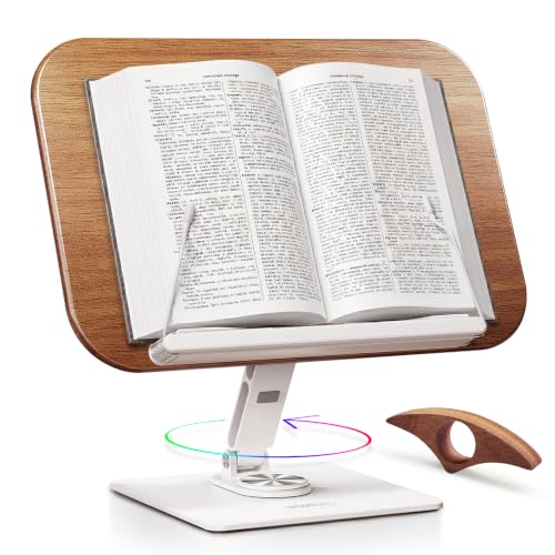 Book Stand for Reading, Adjustable Book Holder for Reading Hands Free, 360° Rotating Reading Stand, Large Rubberwood Cookbook & Bible Stand, Textbook Stand for Desk, Foldable Book Stand