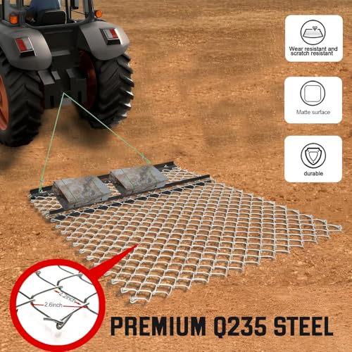 Drag Harrow Net 4 x 5 FT for ATV/UTV/Tractor, Heavy Duty Chain Harrow with Wire Rope for Weight Securing, Lawn Tractor Attachment for Gravel Driveway, Farm Soil Leveling & Ground Grading