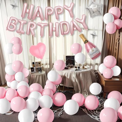 Happy Birthday Balloon Arch Kit – Pink and White Balloons with Heart, Star & Champagne Foil Balloons – Birthday Decorations for Girls, Baby Shower, Gender Reveal, Party Balloons - color: Pink and White