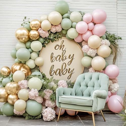 Dusty Green Pink Balloon Arch Double Stuffed, Sage Mint Green Baby Pink White Sand Cream Gold Pastel Balloon Garland Kit for Baby Shower Birthday Wedding Bridal Fairy Garden Princess Fall Party - color: Dusty Green Pink Sand