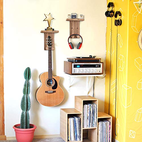 Keebofly Guitar Wall Mount Hanger with Shelf & Pick Holder | 2 Pack Wood Guitar Stand Holder Wall, Universal Guitar Hook for Acoustic, Electric, Bass Guitars, Ukulele, Brown, [Patented] - color: 2 Pack_Rustic Brown