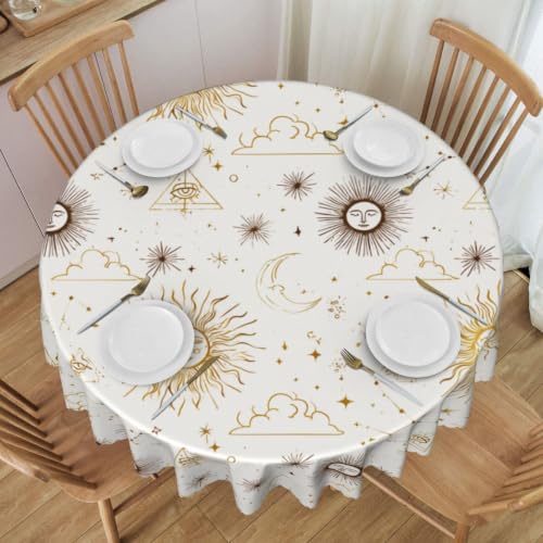 Sun Moon Table Cloths, Boho White Golden Celestial Astrology Tarot Moon Phase Starry Magical Witchy Hippie Coffee Table Cover Decor for Kitchen Dining Room Outdoor Home Party, 60" Round - color: Sun Moon-7, size: 60" (Round)