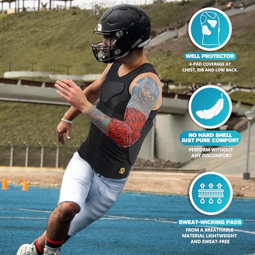 TUOY Adult Rib Chest Protector, New Version - Padded 5 Pads Baseball Football Lacrosse Rib Heart Sternum Guard - color: Black, size: Large