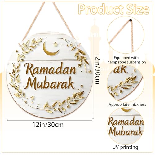 Ramadan Wreath for Front Door - Islamic Ramadan Mubarak Wooden Hanging Sign Ramadan Door Decoration Eid Mubarak Moon Stars Leafy Vine Branches Pattern Outdoor Home Wall Window Decor Gifts