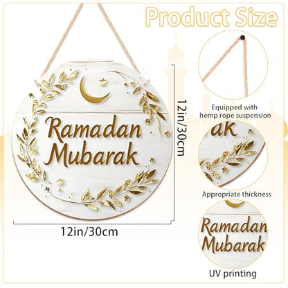 Ramadan Wreath for Front Door - Islamic Ramadan Mubarak Wooden Hanging Sign Ramadan Door Decoration Eid Mubarak Moon Stars Leafy Vine Branches Pattern Outdoor Home Wall Window Decor Gifts