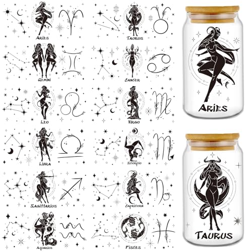 Rngmsi Constellation UV DTF Cup Wraps - 12 Sheets Twelve Zodiac Signs Uvdtf Decals for 16 oz Glass Cups, Black Astrology UV Transfer Stickers, Waterproof Rub on Transfer for Water Bottle DIY Crafts - style: Twelve Zodiac Signs