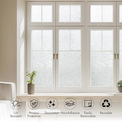 Frosted Static Cling Glass Window Film, Non Adhesive 3D Pressed Water Ripple Pattern Privacy Decorative Film with UV Protection for Home, Bathroom & Office Decoration, 157.48" x 17.72" - size: 157.48" x 17.72"