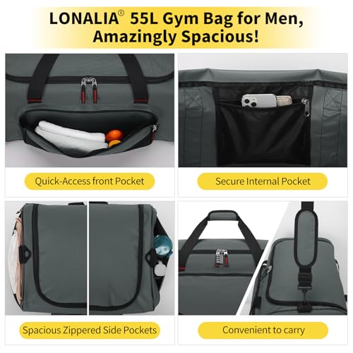 55L Large Sports Duffle Gym Bag for Men, 22 inch, Gray | Heavy Duty, Gym Duffel Bag, Multi Pockets, Spacious - color: Grey