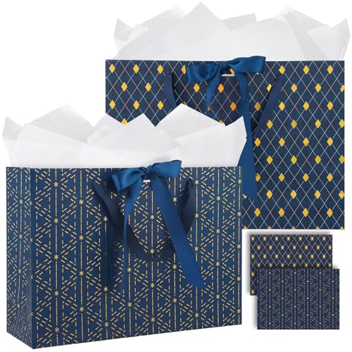 woric 2 Pcs Gift Bags for Men, 13.7" Large Blue Gift Bag with Handles - color: Navy Blue