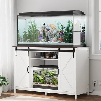 VOWNER Farmhouse 55-75 Gallon Fish Tank Stand with Power Outlet, Grey | Aquarium Stand with Storage Cabinet and Sliding Barn Door, Heavy Duty Reptile Tank Stand, for 2 Tanks, 1000LBS Capacity - color: White + Walnut