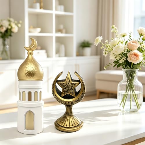 2PCS Ramadan Decoration for Table Set– Islamic Crescent Moon & Mosque Tower + Crescent Star Statues Table Centerpiece, Eid Mubarak Home & Office Decorations, Islamic Festival Decor Gift