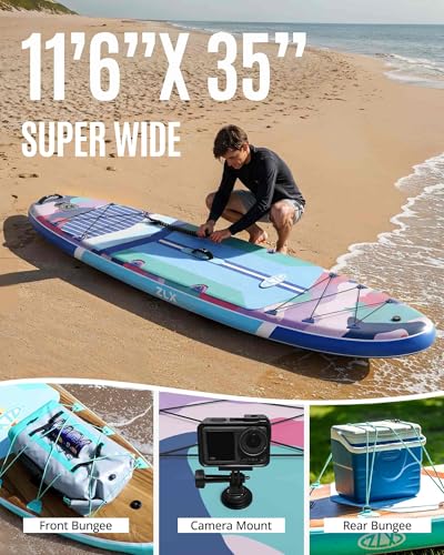 ZLX 11'6"x35" Ultra Wide Inflatable Stand Up Paddle Board | Stable Non-Slip Deck Pad, Unique Fin System, Premium SUP Accessories & Backpack - Upgraded Pump for Adults, All Skill Levels - color: Blue Camouflage