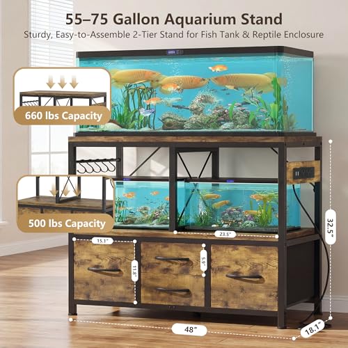 Heybly 55-75 Gallon Fish Tank Stand, Aquarium Stand with Drawer, Power Outlet, Heavy Duty Metal Frame, for Fish Tank, Turtle & Reptile Terrarium, 36.2" L × 18.1" Top, 660lbs(Top)+400lbs(Mid), Rustic Brown HAS005SR - color: Rustic Brown, size: 55-75 gal