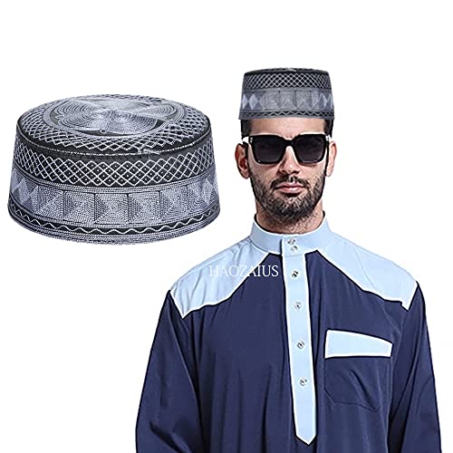 Mens Muslim Hat Islamic Prayer Cap, Muslim Eid Prayer Embroidered Kufi Fat Ramadan Mosque Arab Indian Prayer Cap - color: Dark Gray