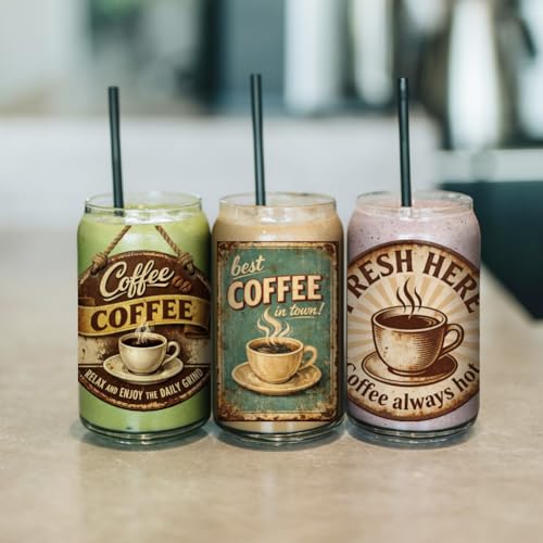 arricraft 10 Sheets Coffee Theme UV DTF Cup Wrap for 16OZ Glass, Retro Coffee Sign Rub on Decals PVC Transfer Stickers for DIY Cups Window Home Printing Decoration 24x11cm/9.4x4.3inch - style: Retro Coffee Sign Theme