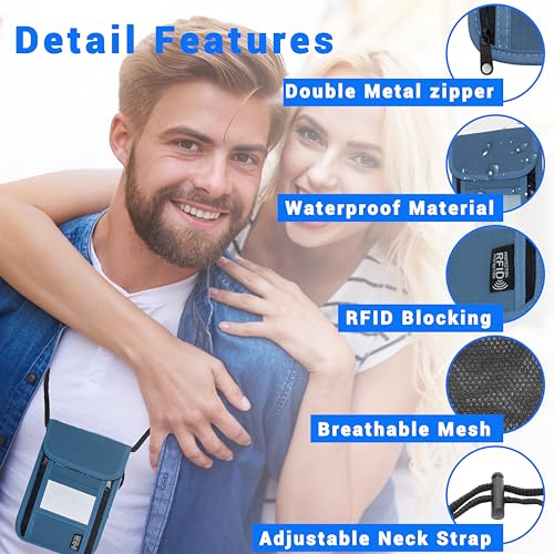 Travel Neck Wallet with RFID Blocking – Passport Holder Organizer Neck Pouch – Portable Easy to Conceal Travel Pouch (PVC Dark Blue) - color: PVC Dark Blue
