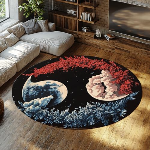 Yin Yang Round Area Rug 7ft for Conference Room Celestial Planet Cloud Floral Art Printed Carpets Foldable Non Slip Washable Thin Floor Mats Bedside Circle Rugs Guest Room Decoration - color: Ydt02, size: 7ft (Round)
