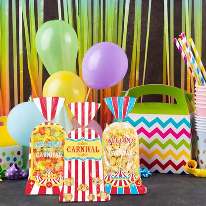 Threetols 120 Pcs Carnival Cellophane Bags - Stripe Plastic Bags with Twist Ties for Circus, Baby Shower, Party Favor - color: blue