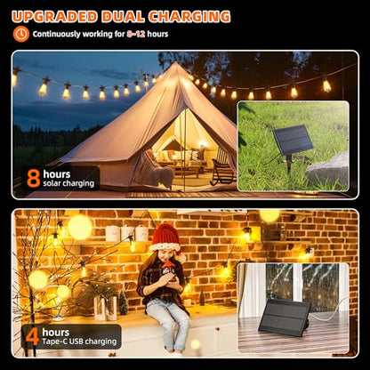 Kawaya Solar Powered String Lights for Outside: 100 FT LED Outdoor Patio Lights with USB-Charging - IP65 Waterproof Hanging Light - 50+2 Shatterproof Edison Bulbs for Bistro Cafe Camp Yard Balcony - size: 100FT New