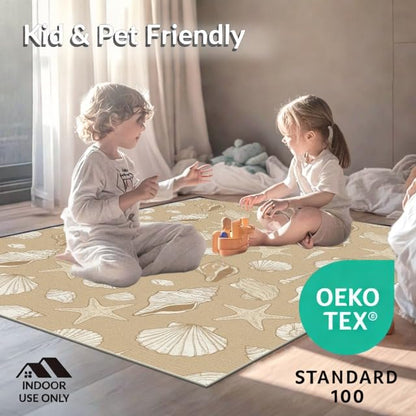 4'x6' Beige Beachy with Rustic Ocean Shell Washable Area Rug | Scattered Seashells Design, Starfish and Conch Pet Friendly, Non-Shedding for Bedroom, Reading Nook - color: Beige/Pattern 24, size: 4' x 6' (Rectangular)