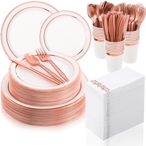 meekoo 350 Pcs Rose Gold Party Dinnerware Set Disposable Paper Plates for 50 Guests 9in and 7in Dinner Dessert Plates Napkins Gold Rim Plastic Cups Knives Forks Spoons for Party Wedding(Round) - color: Rose Gold, style: Round