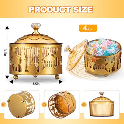 4 Pcs Ramadan Serving Trays with Lid Metal Gold Eid Mubarak Tray Decorations Ramadan Plate Food Storage Container for Serving Cookie Candy Pastry Dessert Eid Party(Classic) - style: Classic