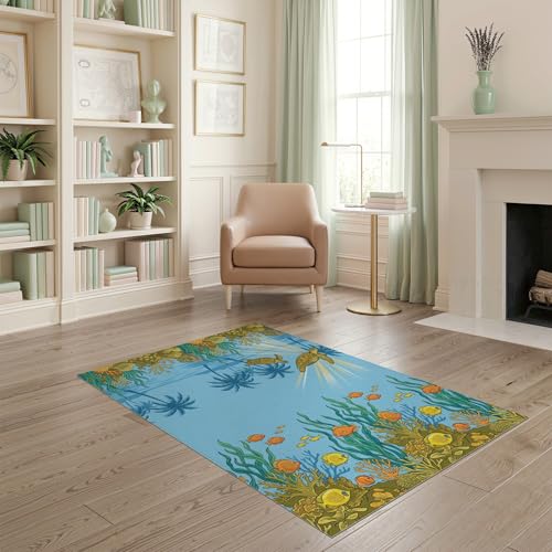 4'x6' Washable Flatwoven Rug, Teal Contemporary Fish Easy Care Throw Carpet for Dorm Room, Small Living Room, Apartment, Stain Resistant Low Profile Floor Covering | Ref:1991881 - color: Blue/Pattern 46, size: 4' x 6' (Rectangular)